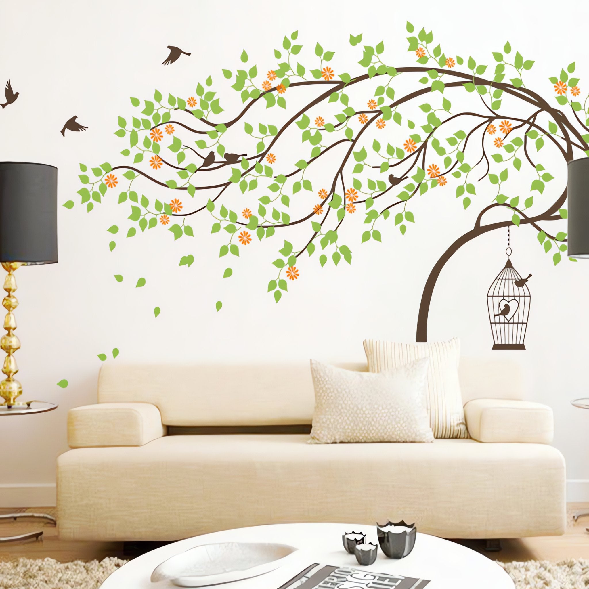 Leaning Tree with Birds and Birdcage Wall Sticker Wall Art